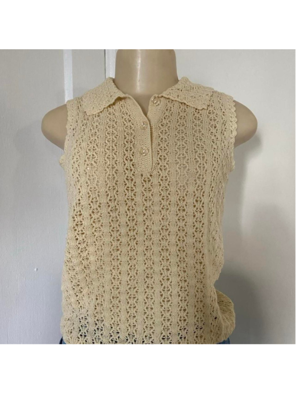 Cream crochet knit polo top with vertical floral lace pattern